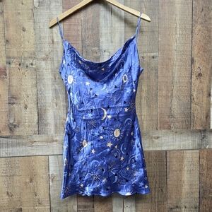 Zara Satin Effect Mini Slip Dress Lilac Celestial Moons Stars Y2k 90s Sz Med New